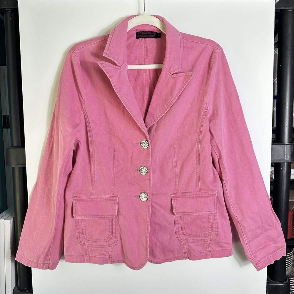 Vintage Tribal Denim Womensโ Size 12 Pink Stretch Blazer Jacket Cotton True Y2K